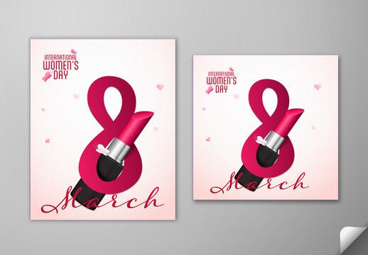 Editable International Women&rsquo;s Day Social Media Post Set with March 8 Number and Pink Lipstick on Glossy Background.