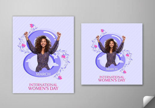Editable International Women&rsquo;s Day Social Media Post Set with Happy Woman Portrait Celebrating March 8 on Purple Background.