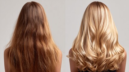 Naklejka premium Transforming Dull Brown Hair to Vibrant Blonde With Highlights Showing Salon Treatment for Healthy Hair Shine and Lustrous Texture