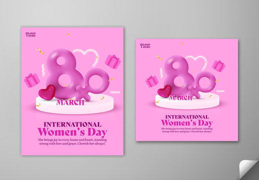 Editable International Women&rsquo;s Day Social Media Post Set with 3D 8 March Number, Female Gender Symbol on Pink Background.