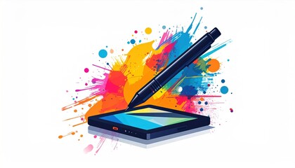Digital Art Creation with Stylus and Tablet Surrounded by Vibrant Paint Splashes.
