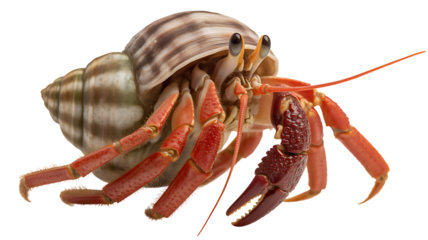 A close up view of a vibrant hermit crab emerging from its adopted shell