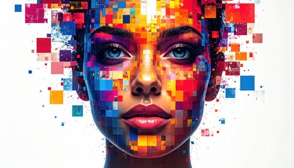 Abstract Pixelated Portrait of a Womans Face with Vibrant Colors.