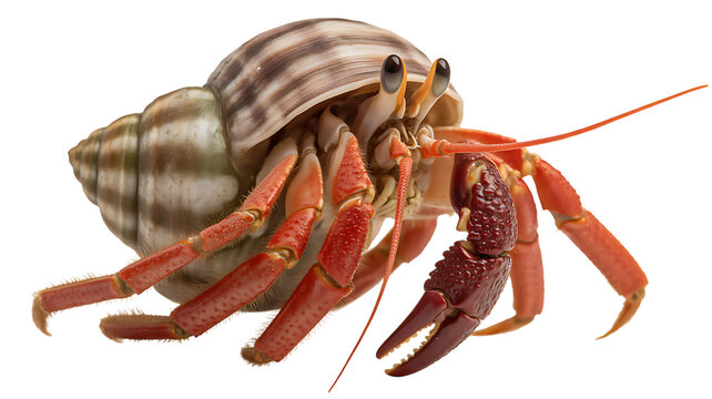 A close up view of a vibrant hermit crab emerging from its adopted shell