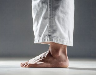 Blank Mockup Brazilian Jiu Jitsu Calf Sleeve in White Martial Arts Uniform Detailed Close Up Side View Studio Lighting on Textured Gray Background