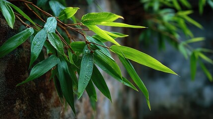 Serrated bamboo leaves arching in layered tiers, their matte jade surfaces striped by delicate ivory midribs, catch filtered sunlight that reveals micro-veins and a powdery natural bloom;