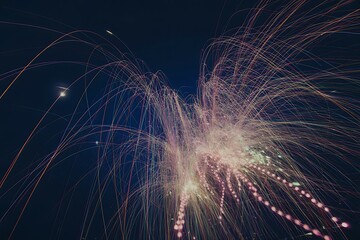 Vibrant fireworks exploding in night sky with colorful streaks