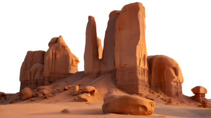 Monument valley sandstone formations bathed in warm golden light during sunset hours