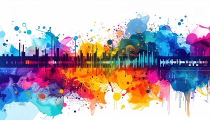 Vibrant Cityscape Silhouette with Colorful Watercolor Splashes.