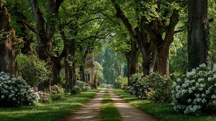 Fototapeta premium Springtime chestnut-tree avenue flanked by fresh emerald crowns forms a majestic colonnade within Castle Park Weikersheim, Baden-Württemberg, Germany, sun-lit young leaves trembling against cobalt sky