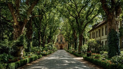Naklejka premium Springtime chestnut-tree avenue flanked by fresh emerald crowns forms a majestic colonnade within Castle Park Weikersheim, Baden-Württemberg, Germany, sun-lit young leaves trembling against cobalt sky