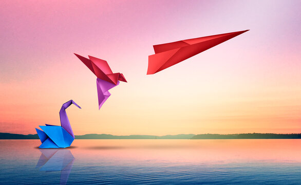 Succeed And Transform or Success transformation and improving as a leadership in business through innovation and evolution concept with paper origami changed for the better. 