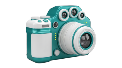 Teal and white camera with multiple lenses isolated on a transparent background digital camera