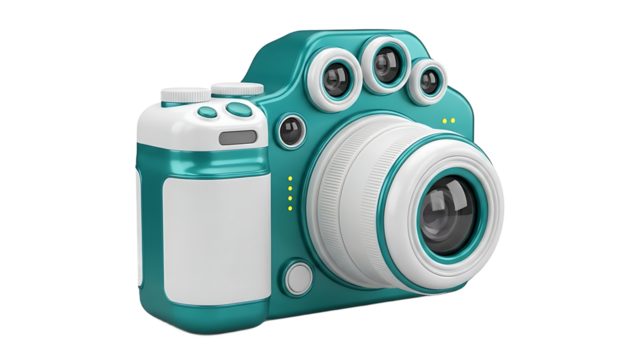 Teal and white camera with multiple lenses isolated on a transparent background digital camera - Powered by Adobe