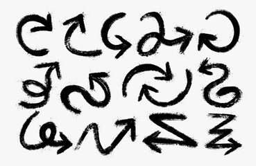 Grungy hand-drawn black arrow icon element with rough strokes and distressed style for graphic design use