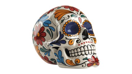 A vibrant and colorful sugar skull with detailed floral and geometric patterns is displayed