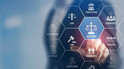 Digital interface with a hand selecting justice in a hexagonal network of legal concepts