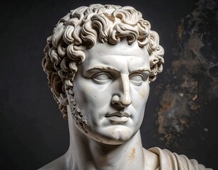 Close-up of a marble bust, a classical figure with curly hair and stern gaze