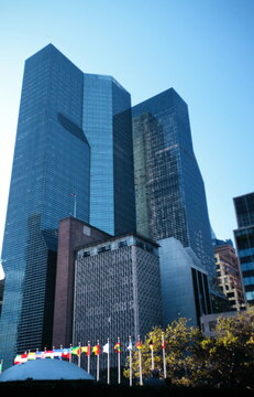 Low angle view of skyscrapers at New York One UN Plaza in 1990s