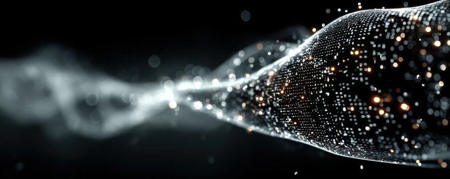 Abstract digital wire with flowing binary code and glowing particles across a futuristic network scene - Powered by Adobe