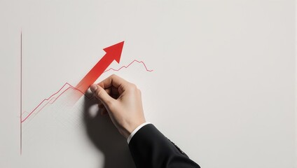 Hand drawing a red arrow pointing upwards on a white board, symbolizing business growth and success.