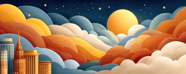 Colorful sunset clouds over a modern city skyline under a bright yellow moon