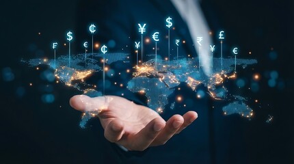 Global financial connectivity and digital economy with currency symbols over a world map