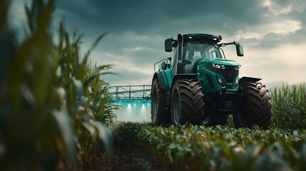 Modern Tractor Working in Green Field Representing Precision Agriculture and Farming Technology