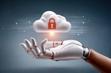 Artificial intelligence robot hand holds cloud with security icon and digital glow