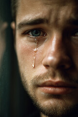 頬を一筋の涙が伝う若い男性のクローズアップ