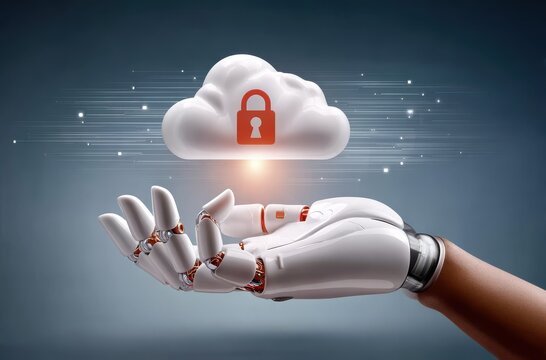 Artificial intelligence robot hand holds cloud with security icon and digital glow - Powered by Adobe