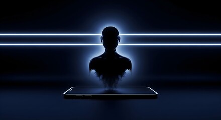 Digital human form emerging from a smartphone screen in a dark, futuristic setting.