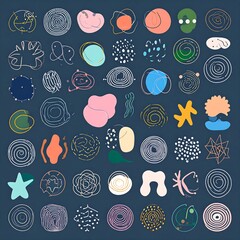 Array of 49 varied abstract, circular, and organic shaped doodles in pastel colors on a navy background