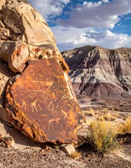 Ancient rock art on stone in desert landscape, layered hills in the background under a cloudy blue sky