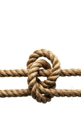 Fototapeta premium Macro shot of a thick, textured manila rope in a symmetrical knot over a straight line on a white background with copy space. Concept of strength and integrity