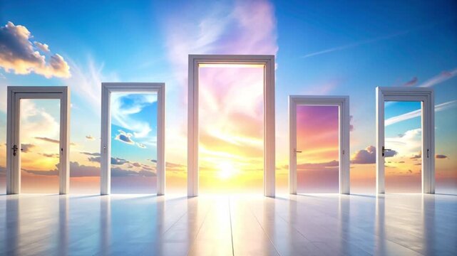 Sunset view through multiple doorways reveals vibrant sky and clouds outside