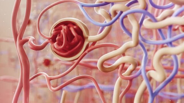 Glomerular cells, nephron shuttle, urine excretion, urinary system anatomy, internal structure of the kidney, arteries, veins, ureters, biological anatomy,  medical 3D animation.