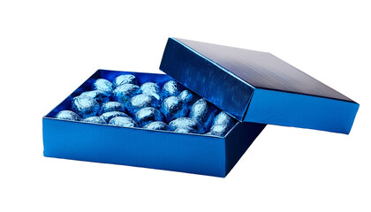Une boite bleu remplit de chocolat sur fond transparent.