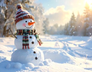Obraz premium Cheerful snowman standing in a snowy landscape with sunlit forest background