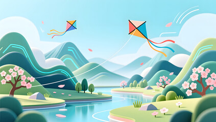 2.5D illustration of kites flying over spring mountains and rivers