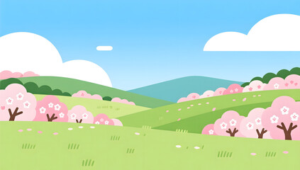 Cherry blossoms blooming on rolling hills during Spring Begins