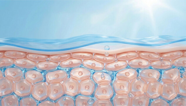 3D illustration of hydrated human skin cells structure with flowing water layer and droplets under bright sunlight.