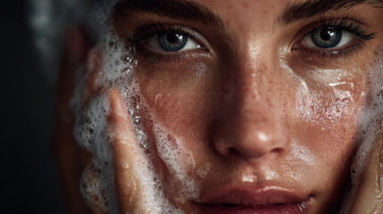 Young Woman Washing Her Face with Abundant Foamy Skincare Cleanser
