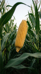 Single yellow maize ear hovering vertically in green corn field