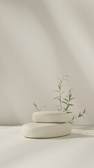 Minimal beige 3D podium with rounded platforms, soft natural light, and plant elements for product display, cosmetic and skincare mockups, wellness branding, packaging design
