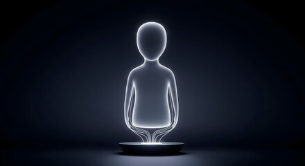 Glowing human figure composed of digital lines on a dark background.