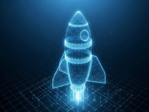 Futuristic holographic blueprint of a rocket ship launching with glowing blue digital lines and particles on a dark grid background representing technology with space