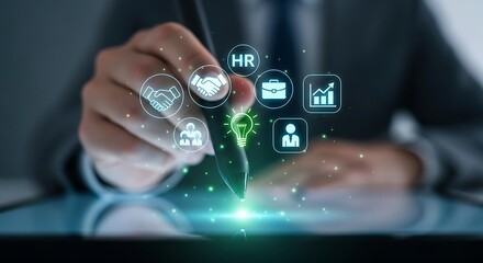 Human resources technology concept a professional interacting with digital icons