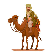 Umar Bin Khattab Figure, Ancient Middle Eastern Traveler Riding Camel Illustration Vector Isolated on White Background