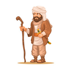 Umar Bin Khattab Figure, Ancient Middle Eastern Man Holding Walking Stick Illustration Isolated on White Background